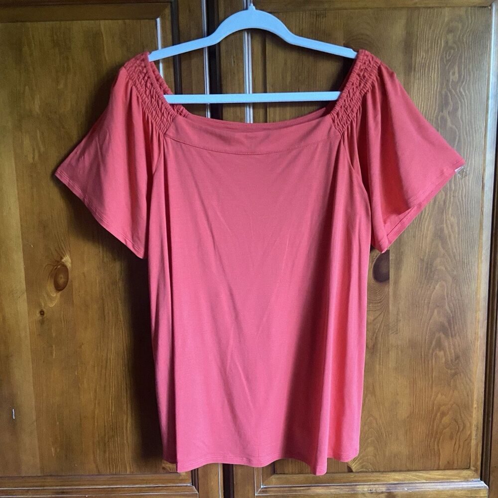J. Jill Square Boat-Neck Top Size Large Coral Red Ruched Flutter Sleeve T-Shirt